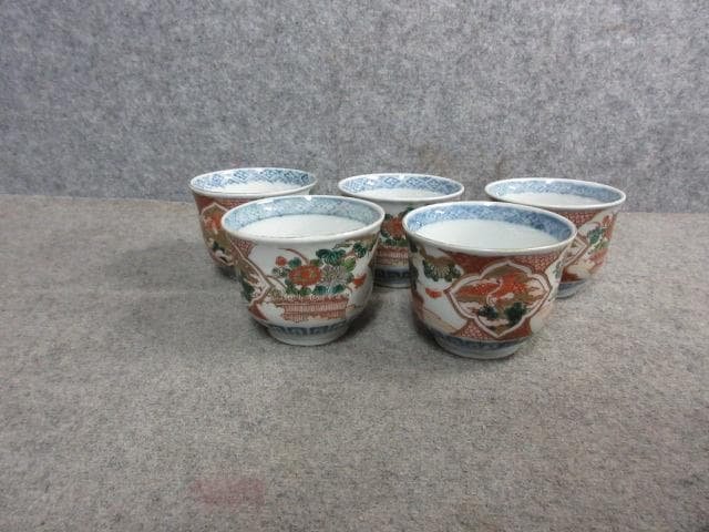 伊万里 色絵 鶴菊蝶 猪口 5個 [B31357]